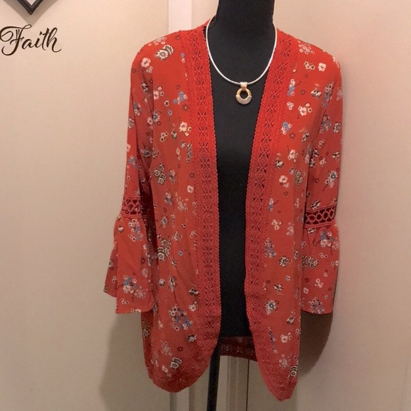 No Boundaries Tops - NOBO Floral Rust Colored Open-Front 
One-Piece Cardigan
